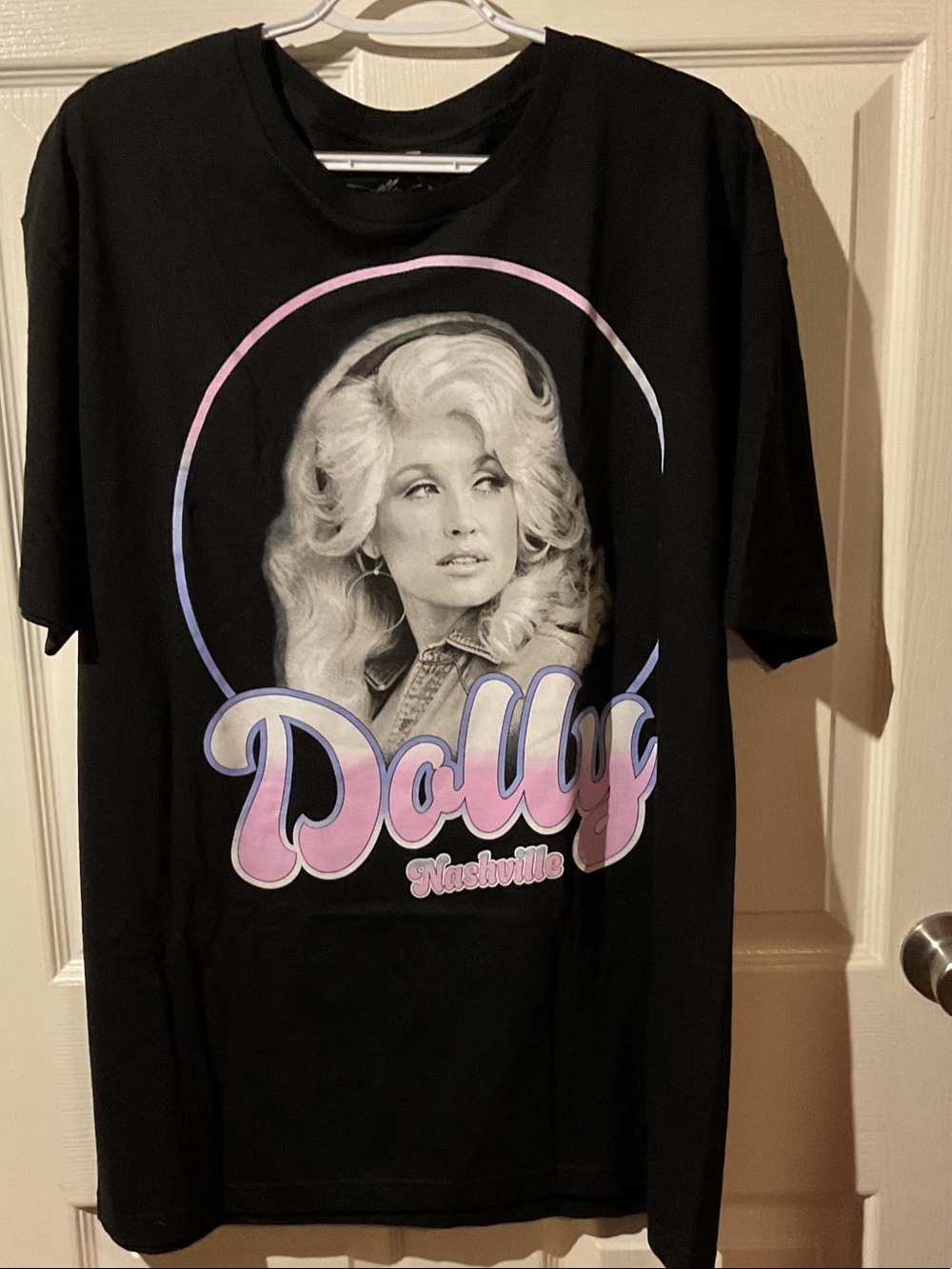 Black Short-Sleeve Dolly Graphic Tee with Pink and Purple Lettering
